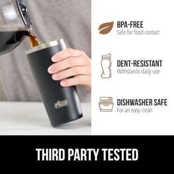 Gorilla Grip Insulated Travel Coffee Mug, Stainless Steel Double Wall Tumbler for Hot Drinks, Reusable Drink Thermos Cup, Leakproof Flip Lids, Dent and Rust-Resistant Iced Tea to Go Mugs, 20oz Black