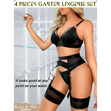 Kaei&Shi Garter Belt Thong Lingerie For Women,Strappy Hollow Out Sexy Lingerie,Underwire Mesh Sheer Matching 4 Piece Lingerie Set Boudoir Black Medium