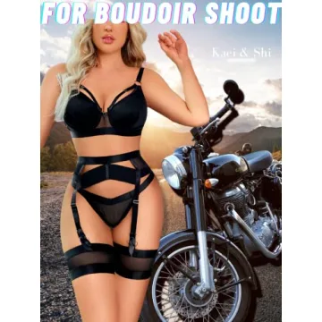 Kaei&Shi Garter Belt Thong Lingerie For Women,Strappy Hollow Out Sexy Lingerie,Underwire Mesh Sheer Matching 4 Piece Lingerie Set Boudoir Black Medium