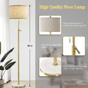 GyroVu Marble Floor Lamp, Adjustable Height Standing Lamp with Marble Base Tall Lamp with Pull Chain...