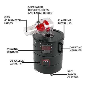 JET Cyclone Dust and Chip Separator - 20-Gallon Bin for Effective Dust Management