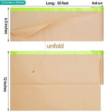 Pre-Taped Masking Paper for Painting - 12 inch x 50 feet Tape and Drape Painters Paper, Paint Adhesi...