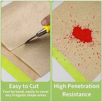 Pre-Taped Masking Paper for Painting - 12 inch x 50 feet Tape and Drape Painters Paper, Paint Adhesive Protective Paper Roll for Covering Skirting, Frames, Cars and Auto Body (4 Rolls)