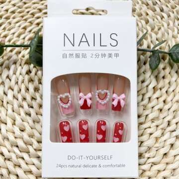 Valentines Day Press on Nails Long Square Fake Nails with Heart Designs for Women