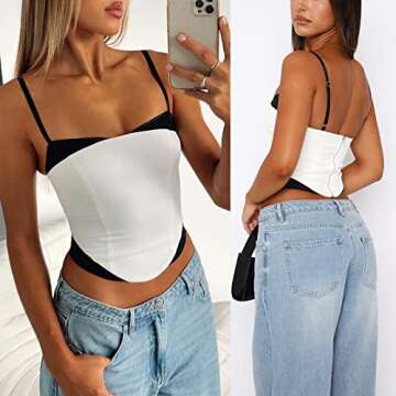 Women Wrap Corset Bustier Crop Top Sexy Spaghetti Strap Tank Tops Open Back Irregular Hem Zipper Vest Tube Top White