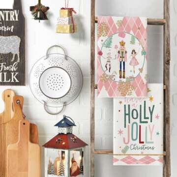 Artoid Mode Pink Nutcrackers Tree Holly Jolly Merry Christmas Kitchen Towels Dish Towels, 18x26 Inch Seasonal Winter Xmas Decoration Hand Towels Set of 4