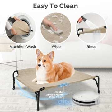 Veehoo Elevated Raised Dog Bed, Original Cooling Outdoor Dog Cot with Double Sided Protective Fence for Large Dogs, Washable Breathable Mesh, V-Shaped No-Slip Feet, Large, Beige Coffee