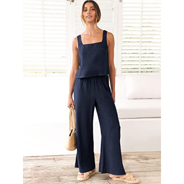 ANRABESS Women's 2 Piece Outfits Linen Pants Jumpsuit Matching Lounge Set Casual Summer Beach Vacation Trendy Clothes Navy Blue Large