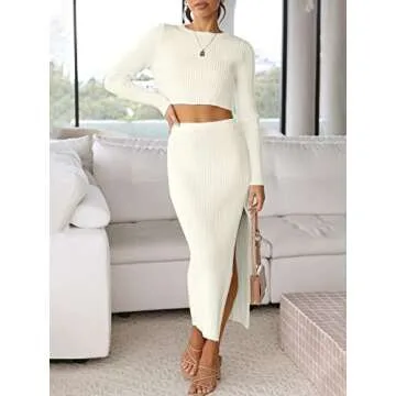 ANRABESS 2 Piece Outfits for Women Sexy Long Sleeve Crewneck Cropped Top and Ribbed Knitted Side Slit Midi Bodycon Dress Sweater Skirt Set 686mibai-M