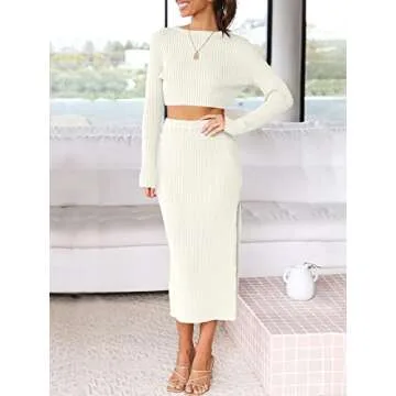 ANRABESS 2 Piece Outfits for Women Sexy Long Sleeve Crewneck Cropped Top and Ribbed Knitted Side Slit Midi Bodycon Dress Sweater Skirt Set 686mibai-M