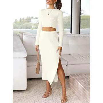 ANRABESS 2 Piece Outfits for Women Sexy Long Sleeve Crewneck Cropped Top and Ribbed Knitted Side Slit Midi Bodycon Dress Sweater Skirt Set 686mibai-M