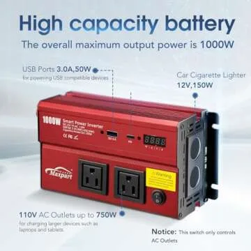 Maxpat 1000W Car Power Inverter with Dual AC Outlets and USB Charging Ports