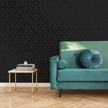 Tempaper Textured Black Damsel Removable Peel and Stick Damask Wallpaper, 20.5 in X 16.5 ft, Made in the USA