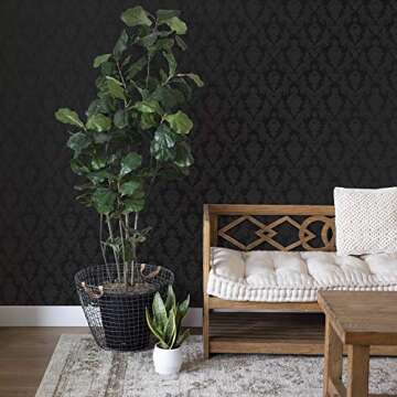 Tempaper Textured Black Damsel Removable Peel and Stick Damask Wallpaper, 20.5 in X 16.5 ft, Made in the USA