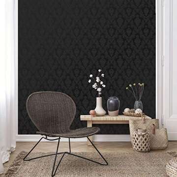 Tempaper Textured Black Damsel Removable Peel and Stick Damask Wallpaper, 20.5 in X 16.5 ft, Made in the USA