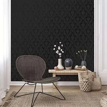 Tempaper Textured Black Damsel Removable Peel and Stick Damask Wallpaper, 20.5 in X 16.5 ft, Made in the USA