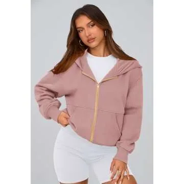 PRETTYGARDEN Women's Zip Up Hoodie Sweatshirt Y2K Fall Fashion Clothes Long Sleeve Loose Fit Pockets Casual Trendy Jacket (Dusty Pink,Small)