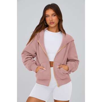 PRETTYGARDEN Women's Zip Up Hoodie Sweatshirt Y2K Fall Fashion Clothes Long Sleeve Loose Fit Pockets Casual Trendy Jacket (Dusty Pink,Small)