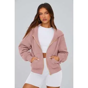 PRETTYGARDEN Women's Zip Up Hoodie Sweatshirt Y2K Fall Fashion Clothes Long Sleeve Loose Fit Pockets Casual Trendy Jacket (Dusty Pink,Small)