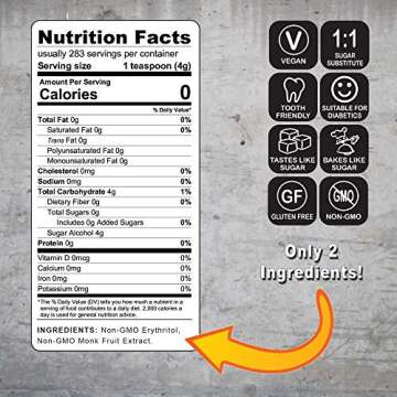 Monk Zero - Monk Fruit Sweetener, Non-Glycemic, Keto Approved, Zero Calories, 1:1 Sugar Substitute (Granular, 40oz)