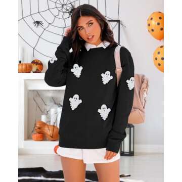 VILOVE Womens Halloween Ghost Sweatshirt: Oversized Sequin Spooky Graphic Shirts Long Sleeve Crewneck Halloween Pullover Tops Black
