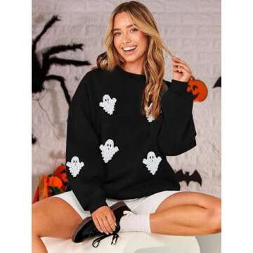 VILOVE Womens Halloween Ghost Sweatshirt: Oversized Sequin Spooky Graphic Shirts Long Sleeve Crewneck Halloween Pullover Tops Black