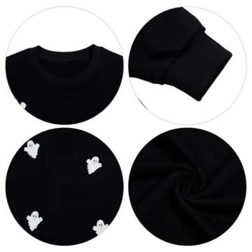 VILOVE Womens Halloween Ghost Sweatshirt: Oversized Sequin Spooky Graphic Shirts Long Sleeve Crewneck Halloween Pullover Tops Black