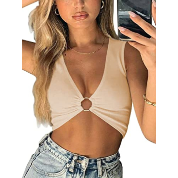 AEVZIV Sexy Crop Tops for Women Sleeveless Deep V Neck Workout Tops Plunge Ring Cleavage Cropped Tan...