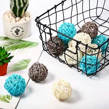 Yaomiao 15 Pieces Wicker Rattan Balls Decorative Orbs Vase Fillers for Craft, Party, Valentine's Day, Wedding Table Decoration, Aromatherapy Accessories, 1.8 Inch(Light-Blue White Gray)