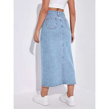 SweatyRocks Women's Casual Denim Skirt High Waist Split Front Long Jean Skirts Light Wash M