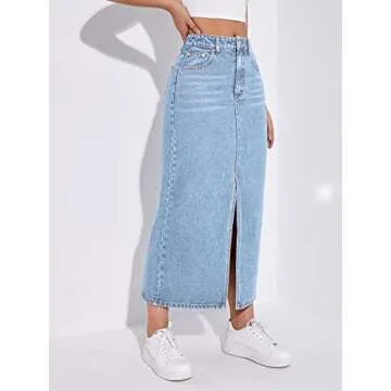 SweatyRocks Women's Casual Denim Skirt High Waist Split Front Long Jean Skirts Light Wash M