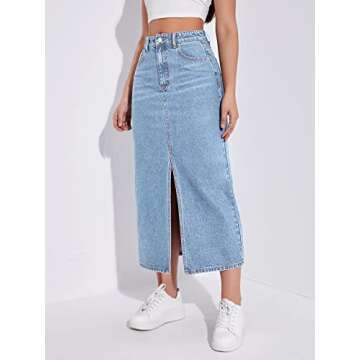 SweatyRocks Women's Casual Denim Skirt High Waist Split Front Long Jean Skirts Light Wash M
