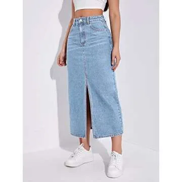 SweatyRocks Women's Casual Denim Skirt High Waist Split Front Long Jean Skirts Light Wash M