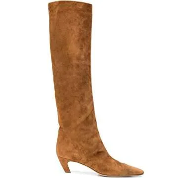 MOOMMO Women Brown Kitten Heel Over Knee High Boots Square Toe Matte Pull On Wide Calf Pleated Low Heel Thigh Boots Stylish Retro Dress Boots Chic Party Comfy Chic Suede Tan 8.5 M US