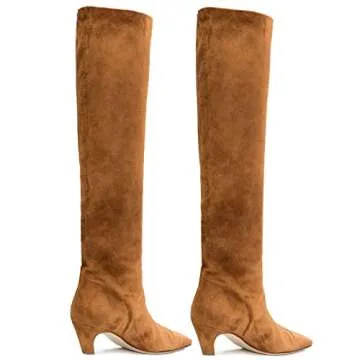 MOOMMO Women Brown Kitten Heel Over Knee High Boots Square Toe Matte Pull On Wide Calf Pleated Low Heel Thigh Boots Stylish Retro Dress Boots Chic Party Comfy Chic Suede Tan 8.5 M US