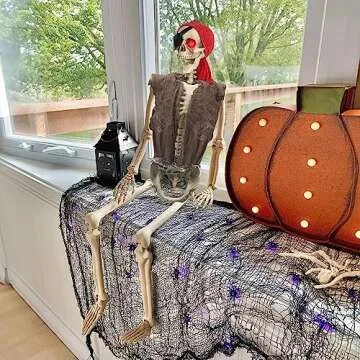 Hourleey 5 FT Halloween Skeletons Decoration, Life Size Full Body Bones Skeletons with Posable Joints, Halloween Pose Skeleton Decorations for Indoor Outdoor Party Haunted House Decor