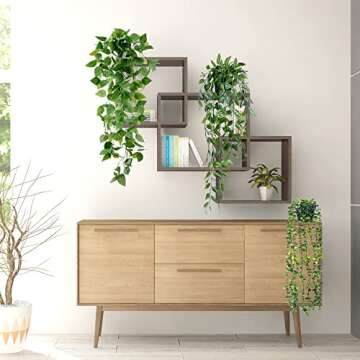 Sggvecsy Fake Hanging Plants 6 Pack Artificial Hanging Eucalyptus Plants Potted Greenery Faux Mandala Vine String of Pearls Boston Fern Ivy Vine Leaves Pea Pod for Home Indoor Outdoor Shelf Wall Decor