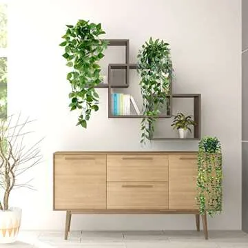 Sggvecsy Fake Hanging Plants 6 Pack Artificial Hanging Eucalyptus Plants Potted Greenery Faux Mandala Vine String of Pearls Boston Fern Ivy Vine Leaves Pea Pod for Home Indoor Outdoor Shelf Wall Decor