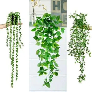 Sggvecsy Fake Hanging Plants 6 Pack Artificial Hanging Eucalyptus Plants Potted Greenery Faux Mandala Vine String of Pearls Boston Fern Ivy Vine Leaves Pea Pod for Home Indoor Outdoor Shelf Wall Decor