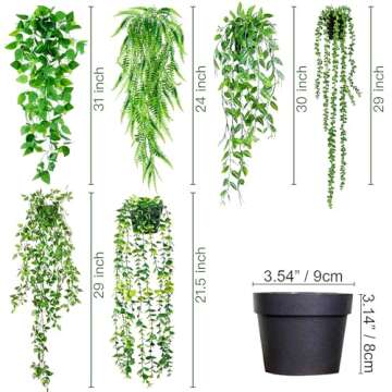 Sggvecsy Fake Hanging Plants 6 Pack Artificial Hanging Eucalyptus Plants Potted Greenery Faux Mandala Vine String of Pearls Boston Fern Ivy Vine Leaves Pea Pod for Home Indoor Outdoor Shelf Wall Decor