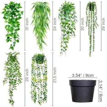 Sggvecsy Fake Hanging Plants 6 Pack Artificial Hanging Eucalyptus Plants Potted Greenery Faux Mandala Vine String of Pearls Boston Fern Ivy Vine Leaves Pea Pod for Home Indoor Outdoor Shelf Wall Decor