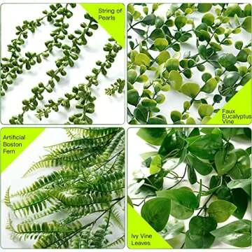 Sggvecsy Fake Hanging Plants 6 Pack Artificial Hanging Eucalyptus Plants Potted Greenery Faux Mandala Vine String of Pearls Boston Fern Ivy Vine Leaves Pea Pod for Home Indoor Outdoor Shelf Wall Decor