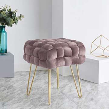 Ornavo Home Velvet Ottoman with Gold Metal Legs - Blush