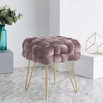 Ornavo Home Velvet Ottoman with Gold Metal Legs - Blush