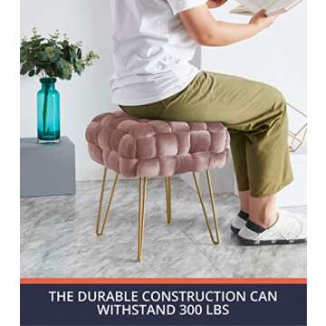 Ornavo Home Velvet Ottoman with Gold Metal Legs - Blush