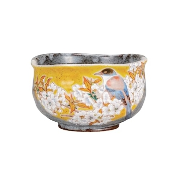 ナカマル Kutani Ware Matcha Bowl - Cherry Blossom and Bird Design