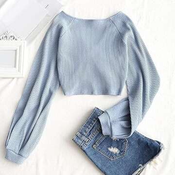 ZAFUL Womens Long Sleeve Fall Fashion 2023 Crop Tops Basic Slim Fitted T Shirts Y2K Tops