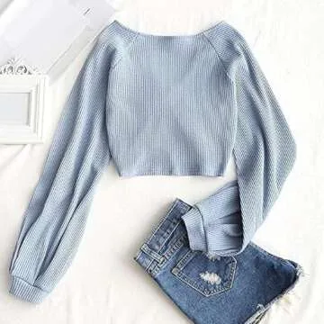 ZAFUL Womens Long Sleeve Fall Fashion 2023 Crop Tops Basic Slim Fitted T Shirts Y2K Tops