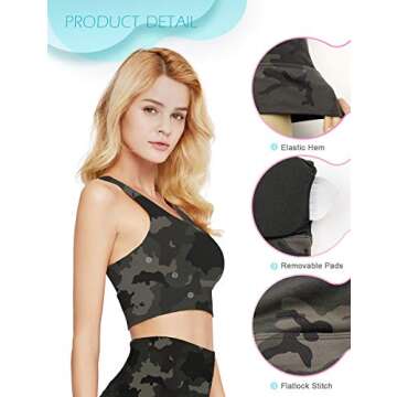 Long Sports Bra High Impact Longline Crop Mesh Back with Padded Support for Workout Yoga Black Camo