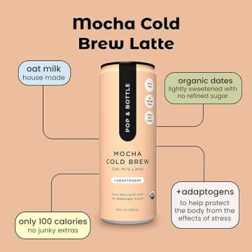 Pop & Bottle, Oat Milk Lattes - Cold Brew with Adaptogens, Maca, Ashwagandha, MCT Oil, Oat Milk, Organic, Dairy Free, Gluten Free, Great as Iced Coffee, Lightly Sweetened with Dates - Mocha, 8 Fl Oz (12 Pack)